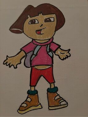 Hand-Painted Cartoon Character Canvas — Pink Top, Red Shorts